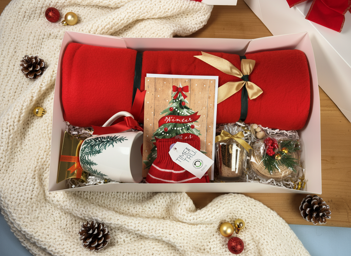 Red and Merry Comfort Crate top view with contents