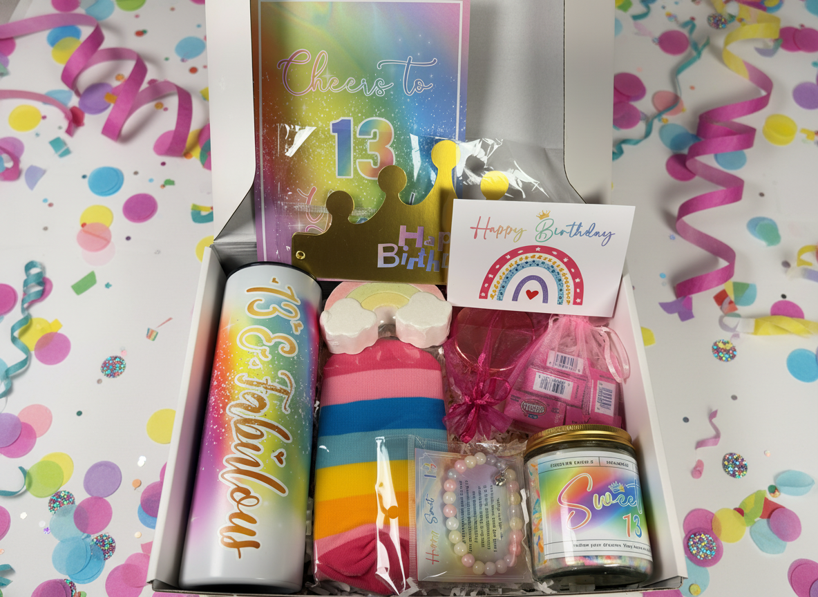 13 and Fabulous - Birthday box top view with contents