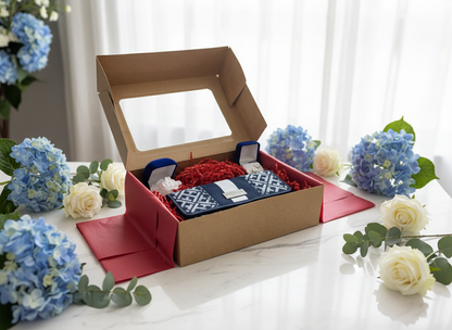 Blue and White Blossom Set with red paper inside