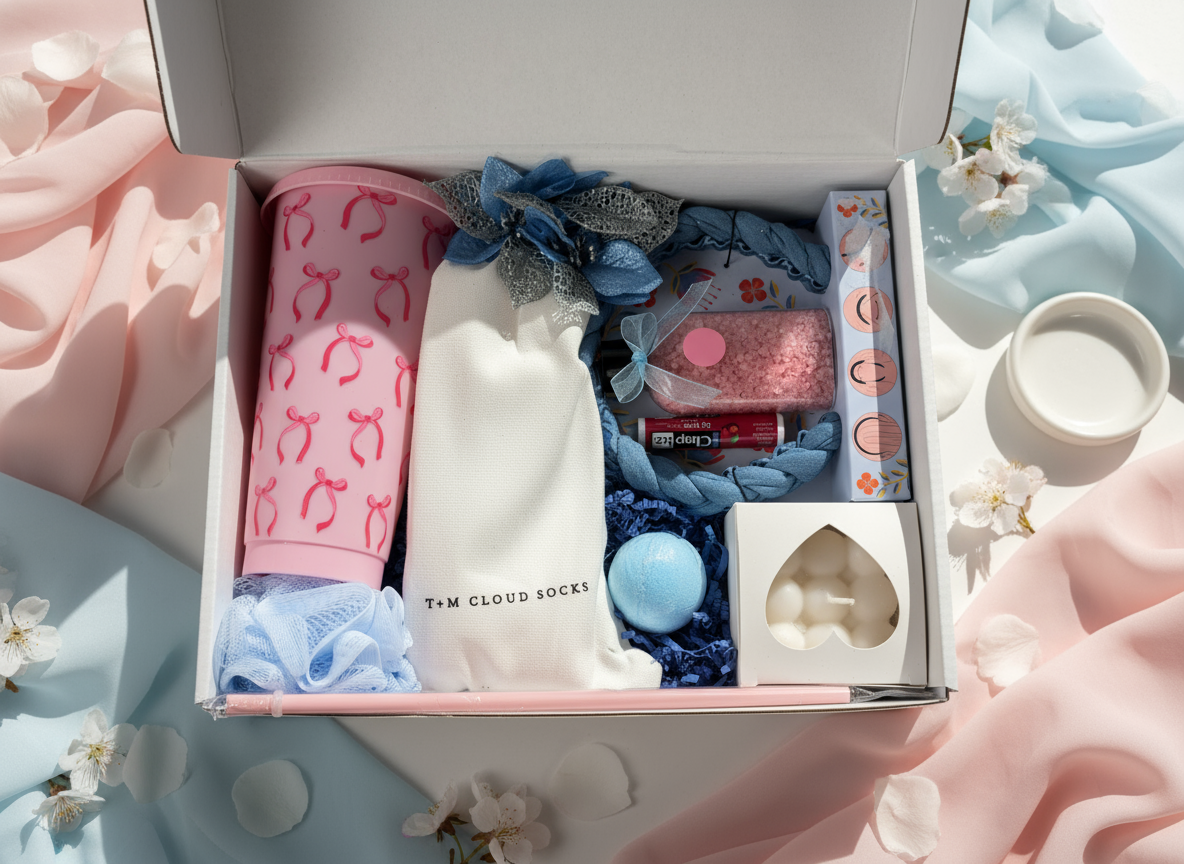 Pink and Blue Bliss top view with contents