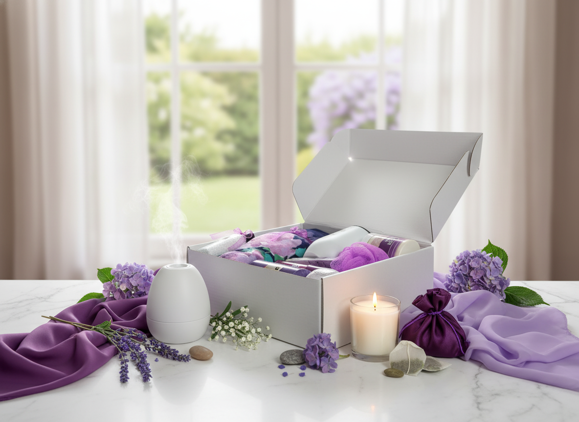 Purple Bloom Relaxation Box in aesthetic setting