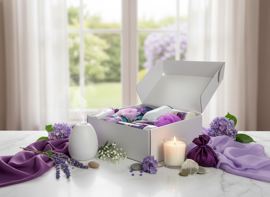 Purple Bloom Relaxation Box in aesthetic setting